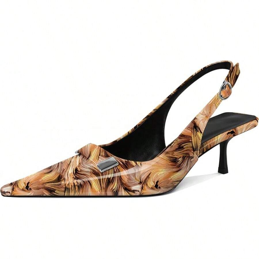 Women's Pointed Toe Slingback Heels Metal Buckle Ankle Strap Kitten Low Heel Pumps 2 Inch Stylish Retro Women Shoes-20256688 - Nâu hoa bằng sáng chế - Xem 1