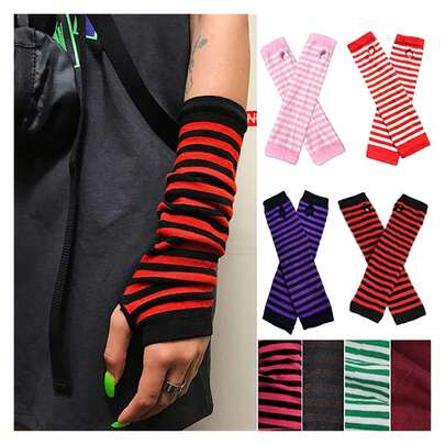 1 Pair Of Long Fingerless Gloves, Woven Arm Guards, Striped Elastic Gloves With Thumb Holes, Arm Guards, Christmas (Style), Running (Style), Cycling Protection (Style) (Color: Black And White Stripes, Size: Uniform Size)
