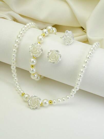 4pcs/Set Rose Flower Jewelry Set For Women, Includes Necklace, Bracelet And Earrings, Beaded Necklace And Bracelet With Floral Design, Faux Pearl Material, Fashionable, Minimalist And Elegant Accessories Suitable For Weddings, Holidays, Parties