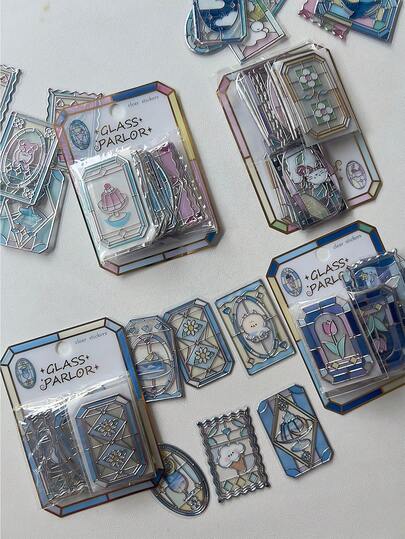 16片复古彩色玻璃窗贴，压纹箔贴纸套装