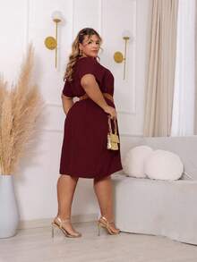 Plus Size V-Neck Midi Dress Duna Fabric Comfortable Feminine Elegant - Gỗ đỏ - Xem 2