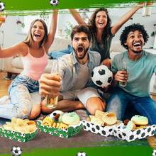 12pcs Football Party Food Tray -White&Green Football Pattern, Foldable Paper Tray, Suitable For Birthday Parties, Theme Parties, French Fries, Popcorn Boxes, Party Decorations, Etc