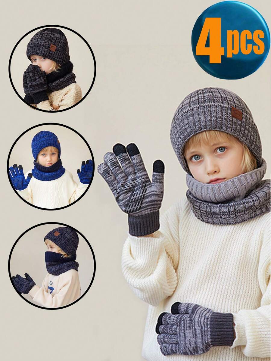 4 Stücke Kinder Mütze, Schal, Handschuhe 3 Stücke Set, große Kinder Winter warm thermisch gefütterte gestrickte Beanie Mütze, geeignet für Outdoor-Aktivitäten, Reisen, Skifahren, Schule, Radfahren - 1PC - Übersicht 1