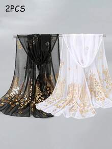 1 件女士时尚简约铝箔凤凰羽毛印花透气柔软纯色经典围巾披肩 - 彩色 - 查看 10