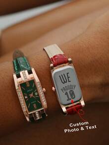 Custom Fashionable Elegant Retro Rhinestone Square Leather Watch