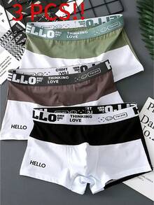 3-Pack Men's Breathable Cotton Boxer Briefs - Comfortable Fit, Color-Block Design With Letter Print, Personalized Gift For Men, Big & Tall Men's Boxers, White Men's Boxer Briefs, Loungewear, Casual Wear, Modern Silhouette, Lightweight Underwear, Stretchy Fabric, Multi-Pack Underwear, Casual Clothing
