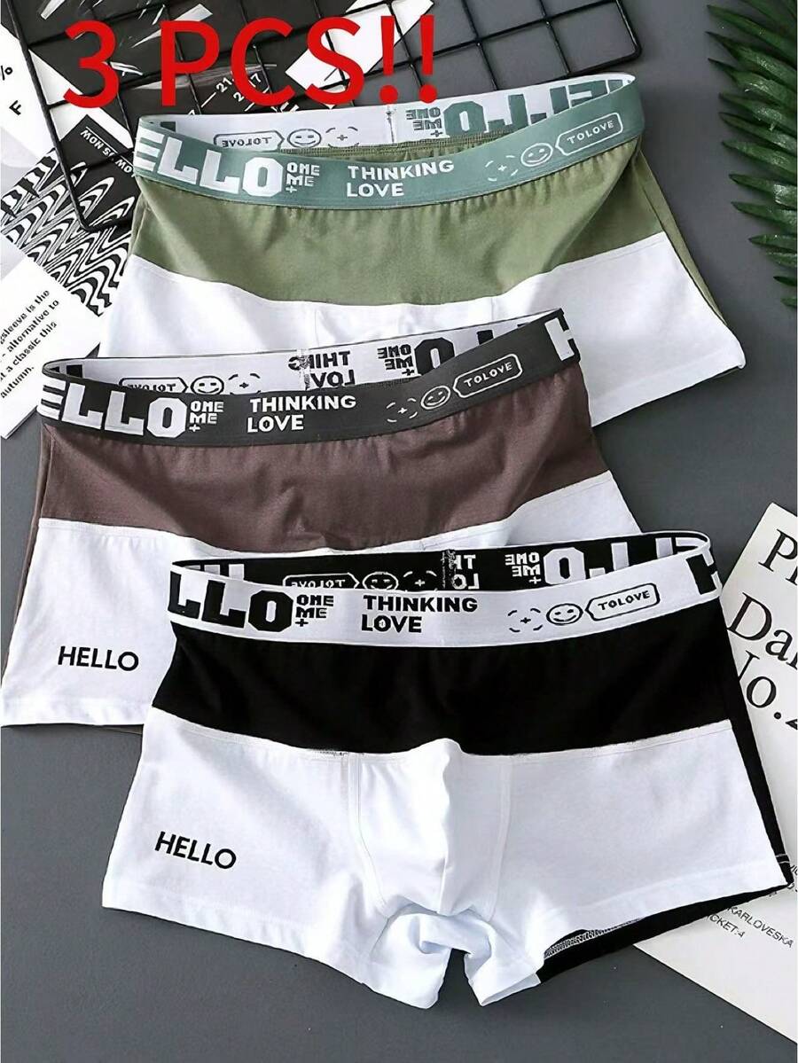 3-Pack Men's Breathable Cotton Boxer Briefs - Comfortable Fit, Color-Block Design With Letter Print, Personalized Gift For Men, Big & Tall Men's Boxers, White Men's Boxer Briefs, Loungewear, Casual Wear, Modern Silhouette, Lightweight Underwear, Stretchy Fabric, Multi-Pack Underwear, Casual Clothing