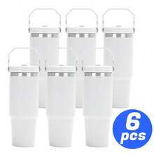 6 Pack 30oz Tumbler With Handle And Flip Straw Lid Double Wall Insulated Travel Coffee Mug Stainless Steel Vacuum Insulated Coffee Tumbler Cup For Hot And Cold Beverages,Leak-Proof - 白色 - 查看 6