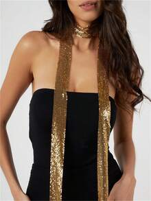 1pc Women Fully Rhinestone Starry Shiny Sexy Aluminum Mesh Sequin Scarf, Silver/Gold Fashion Girl Party, Evening, Dance, Nightclub Necklace Jewelry, Gala Model Halloween Party Costume For Dress - Silver - View 6