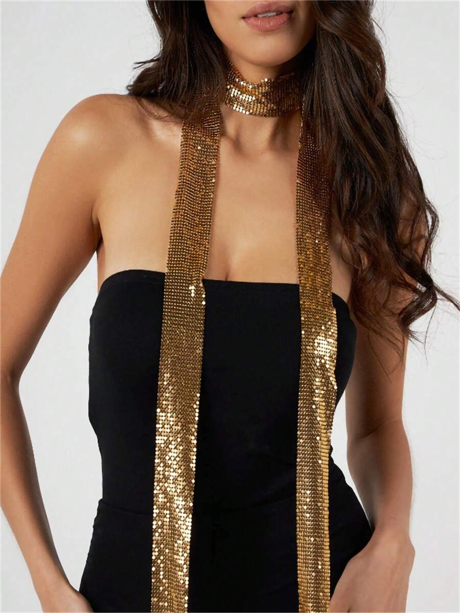 1/2/3pcs Women's Fully Rhinestone Starlight Shiny Sexy Sequin Scarf, Metallic Girl Party, Dinner, Dance Club Neck Decor Jewelry - Silver - View 1