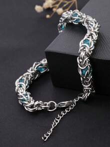 1pc Stainless Steel Silver Punk Style Exaggerated Wavy Design Artificial Sapphire & Cubic Zirconia Thick Chain Bracelet, Adjustable, Fashionable & Versatile, Suitable For Men's Daily Wear And Parties, Great Gift For Boyfriend, Brother