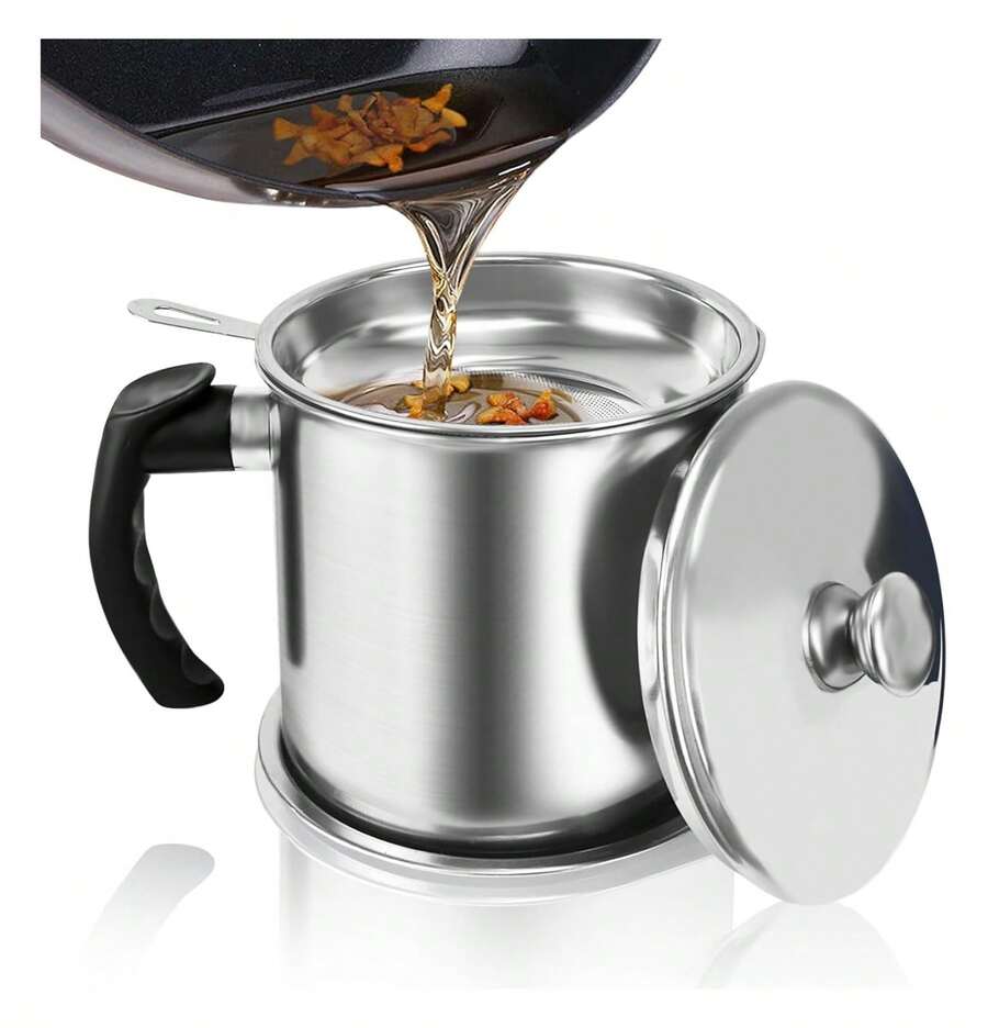 Bacon Grease Container With Strainer, 1.3L (46 Fl. Oz.) Kitchen Stainless Steel Oil Container Can With Strainer And Anti-Slip Coaster Tray For Store Meat Frying Oil And Cooking Grease Storage, Home Decor, Party & Christmas Storage - 銀色 - 查看 1
