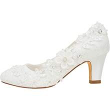 Emily Bridal Wedding Shoes Women's Silk Like Satin Chunky Heel Pumps With Stitching Lace Flower Crystal PearlChristmas - Tím nhạt - Xem 9