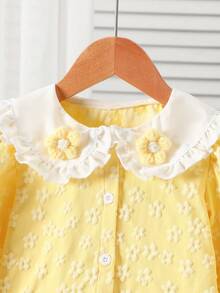 2pcs Girls Spring/Autumn Outfit, Embossed Soft Sakura Fabric Collared Long Sleeve Shirt Top And Flared Leg Jeans With 3D Flower Decor, Cute Girls Clothing Set - Multicolor - View 3