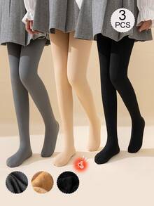 3/2/1 Pairs Girls Kids Children Leggings, Skin Tone, Khaki, Black, Gray Solid Color Stirrup Tights, Leggings, Warm Fleece Pants, Suitable For Daily Wear, Simple Versatile Stirrup Pants, Soft Smooth Comfortable, Princess/Cute Style - 彩色 - 查看 28