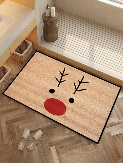 1 Stück Weihnachts-Fußmatte mit lustigem roter Nase Rentier Ausdruck Muster, Feiertags-Stil Innen- und Außenbereich rutschfeste Matte, maschinenwaschbarer Polyesterfaser-Teppich für Küche, Esszimmer, Flur, Bad, Schlafzimmer, Außenbereich, Eingangsbereich, Heimdekoration, Raumdekoration, Weihnachtsdekorationen für das ganze Jahr