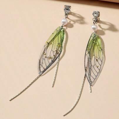 1 Pair Elegant Butterfly Wing Pendant Earrings - Faux Pearl, Sparkling Cubic Zirconia Decor, Resin Jewelry, Cute Daily Wear Accessory (With Chain)