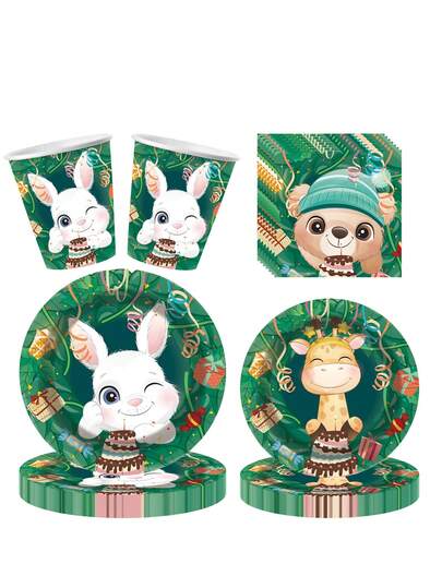 10pcs Jungle Theme Shower Tray Set Decorative Birthday Party Supplies, Green Rabbit, Deer, Bear Plate Napkin Cup Animal Theme Disposable Tableware Set, Suitable For Birthday Parties, Family Parties, Friends Parties, Outdoor Camping, Picnics And Other Disposable Tableware Supplies