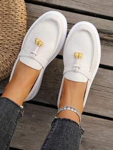 Solid Color Faux Suede Platform Loafers - Metal Tassel Decor Chunky Sole Flat Slip-On Shoes, Casual Comfortable Commuting Versatile Women's Shoes Work Shoes - Beige - View 3