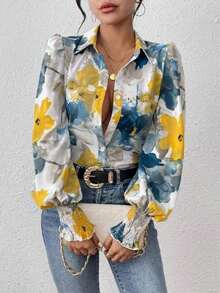 Women's Lantern Sleeve Tie-Dye Front Button Loose Vacation Shirt