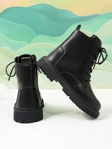 Unisex Kids' Boots, Round Toe, Black, Front Lace-Up, Side Zipper, Autumn/Winter New Style, Suitable For Primary And Middle School Students, Stage Performance, Vacation, Casual, Party - Black - View 7
