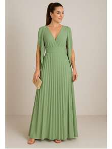 Long Pleated Dress V-Neckline Bridesmaid Dress For Wedding Graduation And Parties - Olive Green - View 2