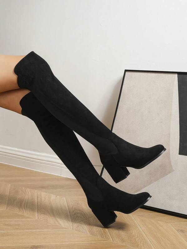 Stivali alti sopra il ginocchio con tacco chunky da donna, stivali elastici slim con slip-on/pull-on per primavera/autunno, stivali da equitazione retrò con tacco chunky e gambale alto per l'inverno