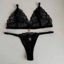 Sexy Backless Set With Pendant Detail And Thong - Black - View 2
