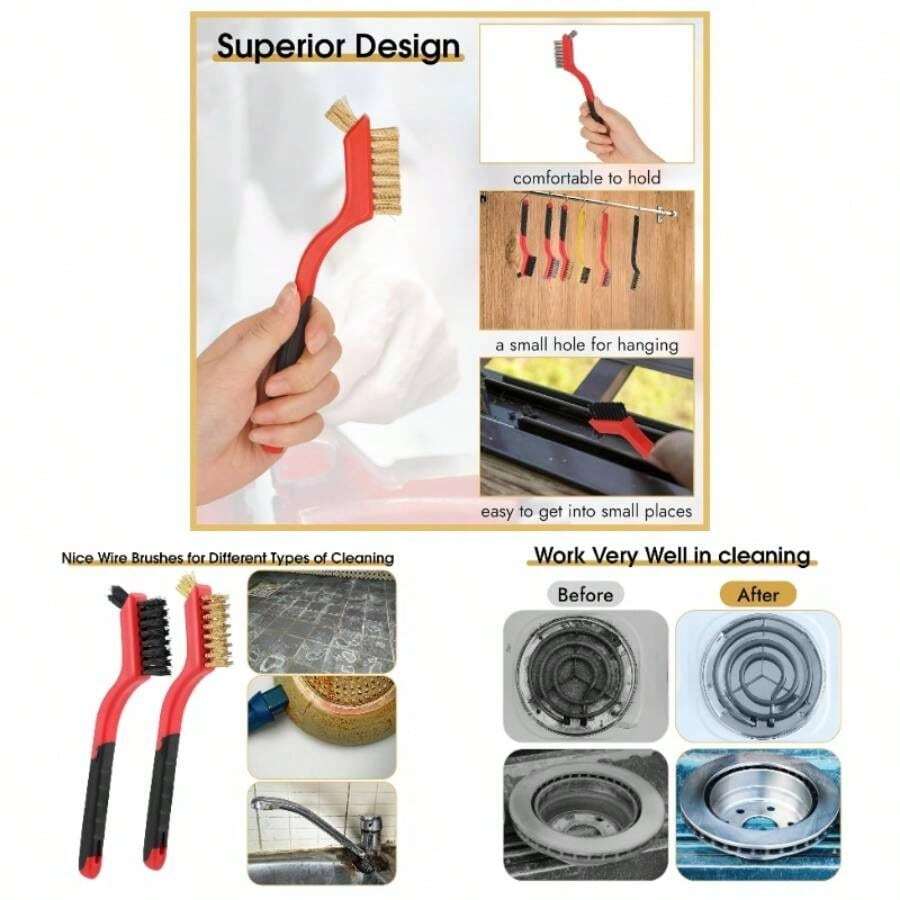 6 Pieces Wire Brushes Set, Small Metal BrassStainless SteelNylon Brushes Cleaning Metal Rust And Paint Removal
