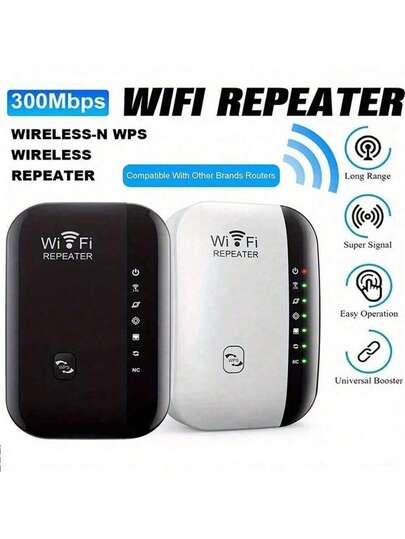 300Mbps WiFi Range Extender And Amplifier - Enhance Network Coverage, With Ethernet Port, Easy Setup, Compatible With Alexa, Network Signal Booster | Modern Wireless Repeater | Home WiFi Signal Enhancer, Black & White