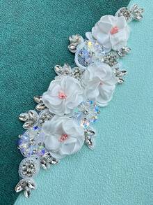 3D 串珠珍珠花面料蕾丝贴花、花卉刺绣贴片婚纱手工缝纫工具，适用于衣服和头带 - 紅色 - 查看 2