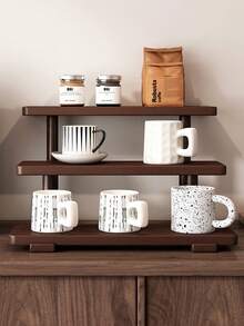 胡桃木色桌面阶梯式搁板——时尚多层展示架，适合摆放马克杯、香水、口红和化妆品。配有香水展示架、杯托和加固加厚梯形结构。适用于厨房、客厅、浴室、卧室和家居装饰。 - 胡桃色 - 查看 5