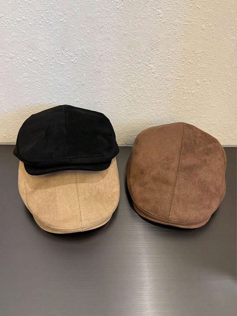 1顶麂皮贝雷帽，男士纯色麂皮宽檐可调节日式简约休闲帽檐贝雷帽，适合度假旅行