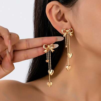 1 Pair Fashionable Metal Bowknot Heart Tassel Dangle Earrings, Elegant Jewelry Accessories For Women