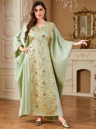 女士中东阿拉伯花卉刺绣拼布蝙蝠袖束腰宽松长袍，正式晚礼服，优雅