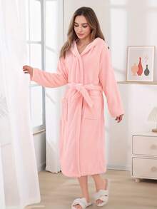 1 بشكل الأناناس/تصميم سادة ذو كابوت للنساء بحزام وجيب، منشفة قابلة للارتداء، منشفة حمام، رداء طويل ذو كابوت، قميص نوم نسائي مطبوع بنمر وفيونكة