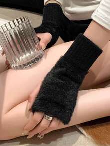 1 Pair/2 Pairs/3 Pairs Women's Fuzzy Half Finger Knitted Fingerless Gloves, Autumn/Winter - Multicolor - View 3