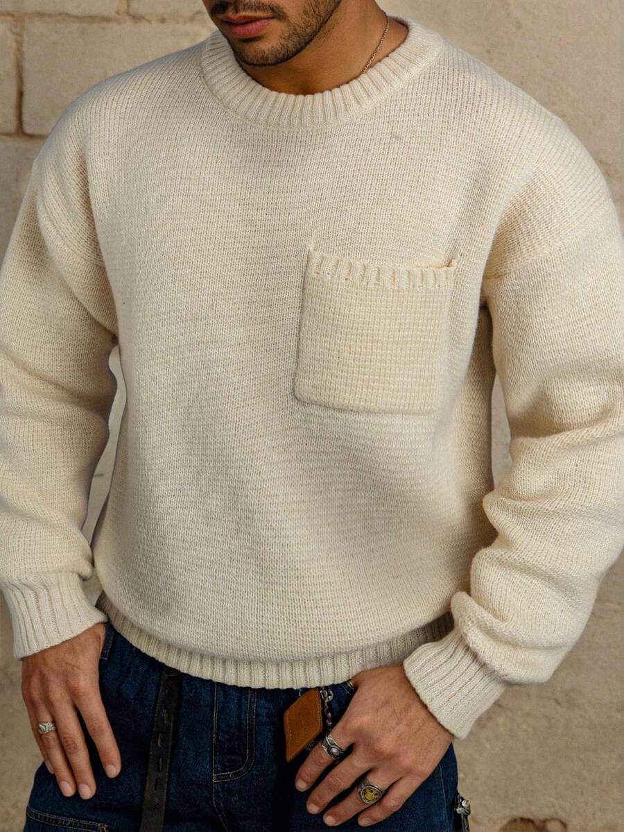 男士休闲宽松纯色套头衫，百搭优质口袋设计长袖圆领针织上衣，适合通勤，秋冬