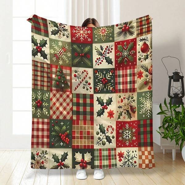 1 Peça Cobertor de Fleece Retalhos Tradicional de Natal - Decoração Festiva para o Lar, Padrões Clássicos Vermelho e Verde, Macio e Aconchegante, Para Todas as Estações, Resistente a Rasgos, Lavável em Máquina, Impressão Digital, Poliéster, Acolchoado, Multiuso para Sala de Estar e Quarto