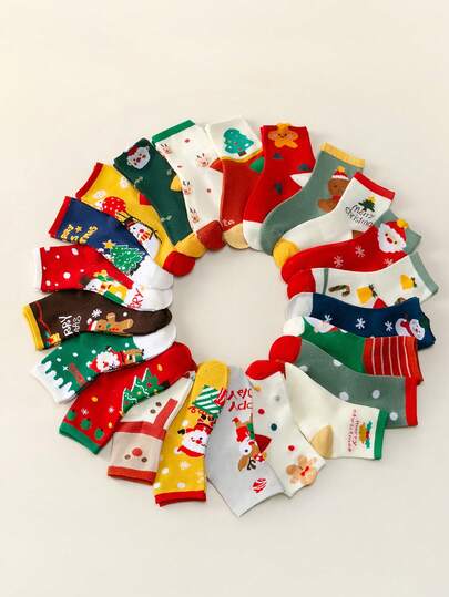 Random 5/8 Pairs Of Children's Socks Christmas Socks Cute Snowman And Gingerbread Man Cartoon Santa Claus And Christmas Tree Soft And Comfortable And Warm Holiday Atmosphere Wear Together