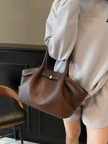 Dedoo CHAIKA & KILTER Solid Color PU Leather Shoulder Bag, Women's Retro Casual Large Capacity Handbag With Adjustable Strap, Pleated Design, Dual Handles And Magnetic Snap, Suitable For Travel, Shopping, Dating, Teens, College Students, Young Professionals, Office, School, Work, Business, Commuting, Outdoor, Travel, Hiking And More, New Fashion Large Capacity Women Tote - Coffee - View 6