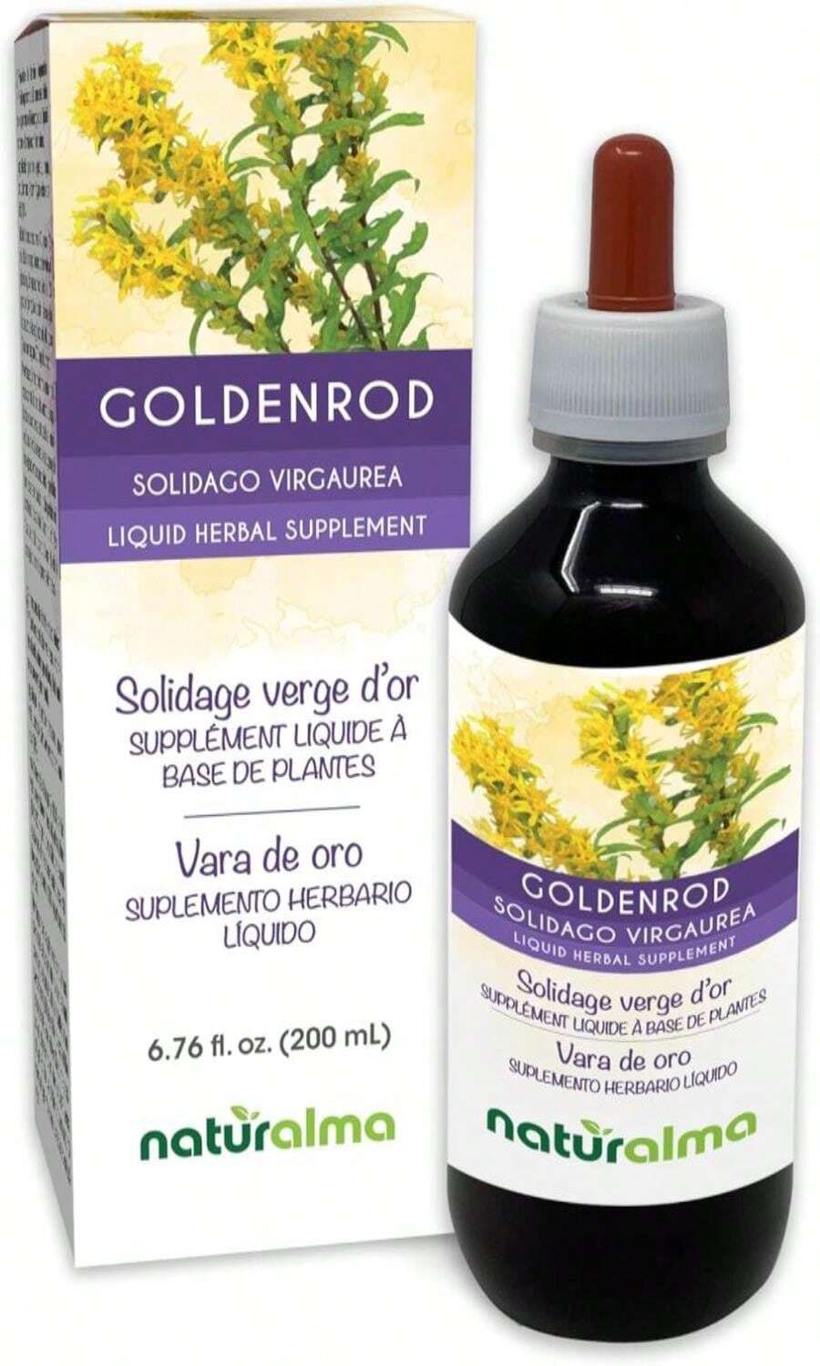 Naturalma Goldenrod (Solidago Virgaurea) Herb With Flowers Alcohol-Free Tincture - 4 Fl Oz Liquid Extract In Drops - Herbal Supplement - Vegan - Tên hương vị B - Xem 1