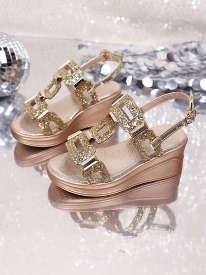 1 Paar Kleinkind Mädchen Metallic Gold Glitzer Weiche PU Leder Gladiator Sandalen, offene Zehenpartie, dicke Sohle, modischer Prinzessinnenstil, geeignet für Alltag, Strand, Party, Tanz
