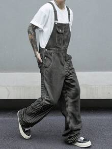 Men's Casual Striped Loose Fit Straight Leg Denim Bib Overalls, All Season