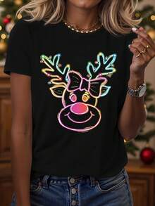Maglietta da donna con stampa natalizia colorata e simpatica renna, vestibilità comoda a maniche corte, lavabile in lavatrice, abbigliamento casual adatto per tutte le stagioni, maglietta natalizia da donna, maglietta per feste natalizie, design di stampa giocoso