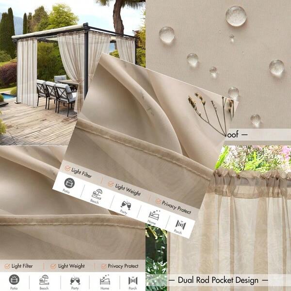 Outdoor Sheer Curtain For Patio Waterproof 2 Panels Beige Privacy Drape Voile Curtain Rod Pocket For PorchPergola Cabana Gazebo 54 X 84 Inch Long