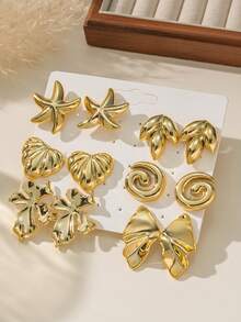 2-12pcs/Set Geometric Creative Shaped Earring Set, Asymmetrical Stud Earrings, Exaggerated Earrings
