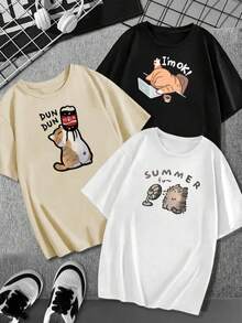 KIT 3 T-SHIRT Women's Cotton Adult Plus Size Children's 3 Cute Cats Soft Drink Cute Computer Streetwear Over Fashion Black White Beige - 彩色 - 查看 1