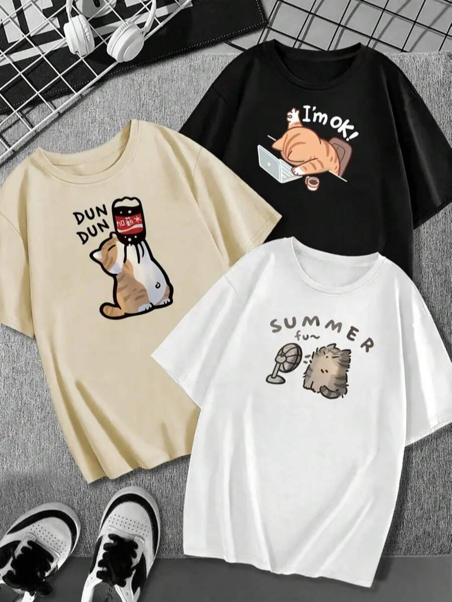 KIT 3 T-SHIRT Women's Cotton Adult Plus Size Children's 3 Cute Cats Soft Drink Cute Computer Streetwear Over Fashion Black White Beige - 彩色 - 查看 1