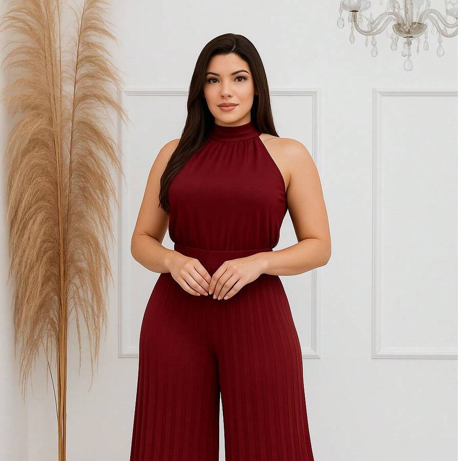 Pleated Jumpsuit For Weddings And Special Events - 紅木色 - 查看 1